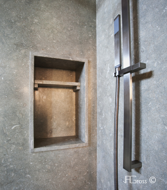 "Fossil Green" Limestone slab shower and niche