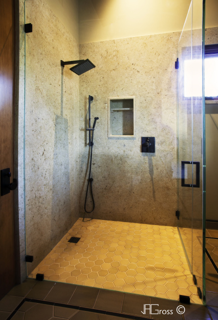 "Fossil Gold" Limestone slab shower